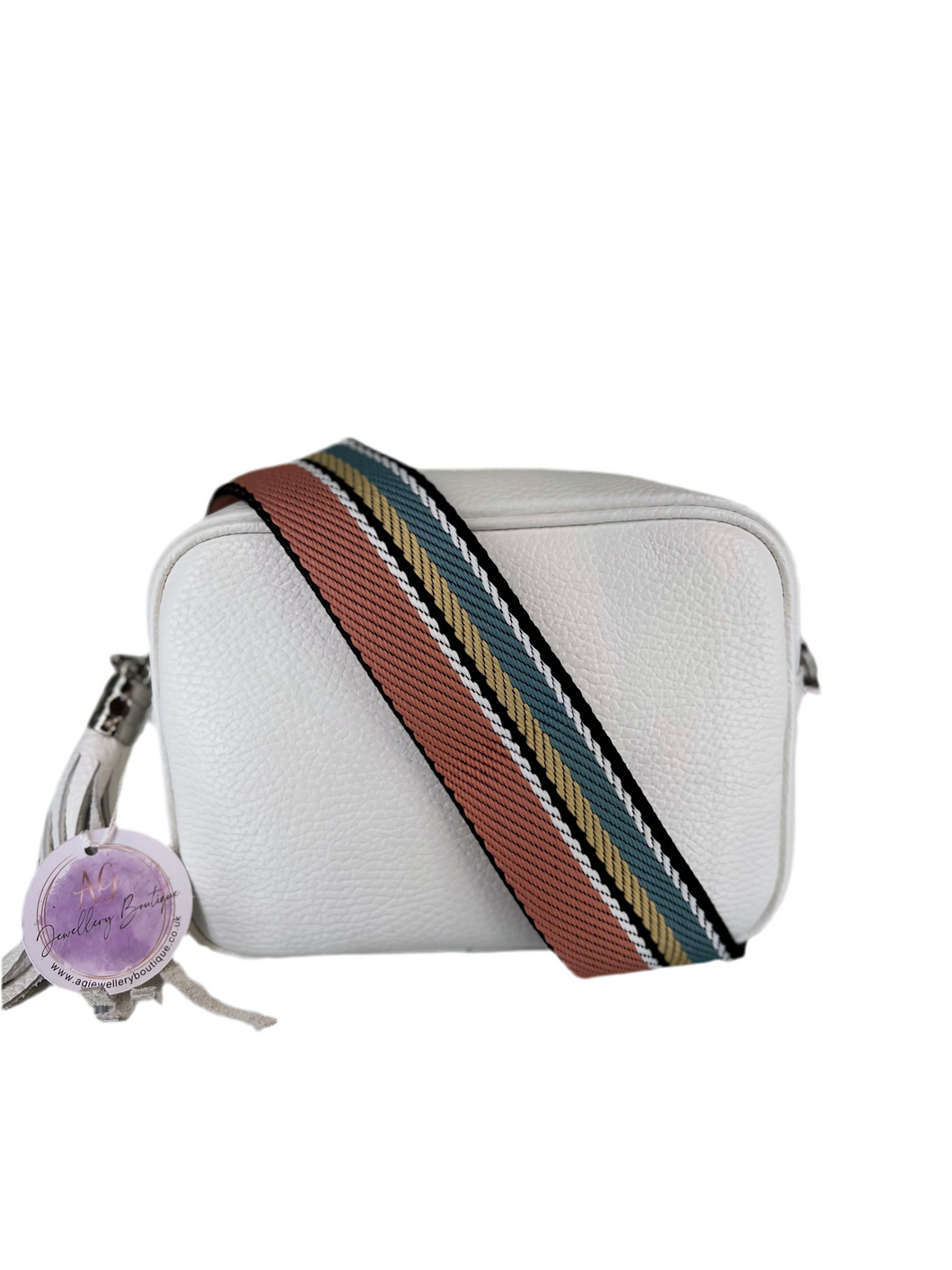 Real Leather White Bag with Coral/Blue striped strap