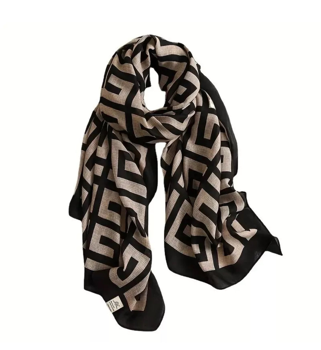 Black Beige printed Plaid Scarf