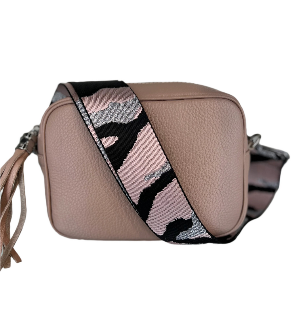 REAL Leather Pale pink Handbag with Camo Strap