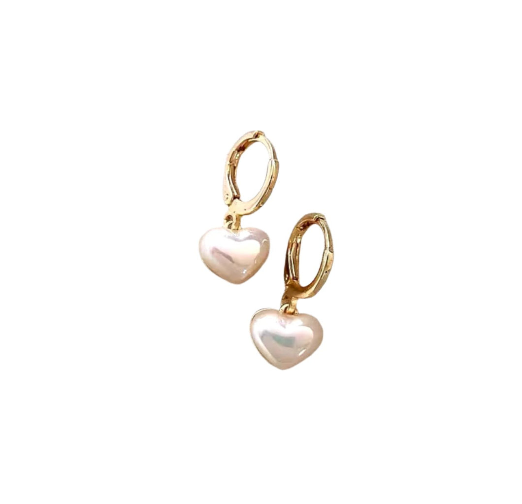 Gold Hoop Pearl Heart Drop Earrings