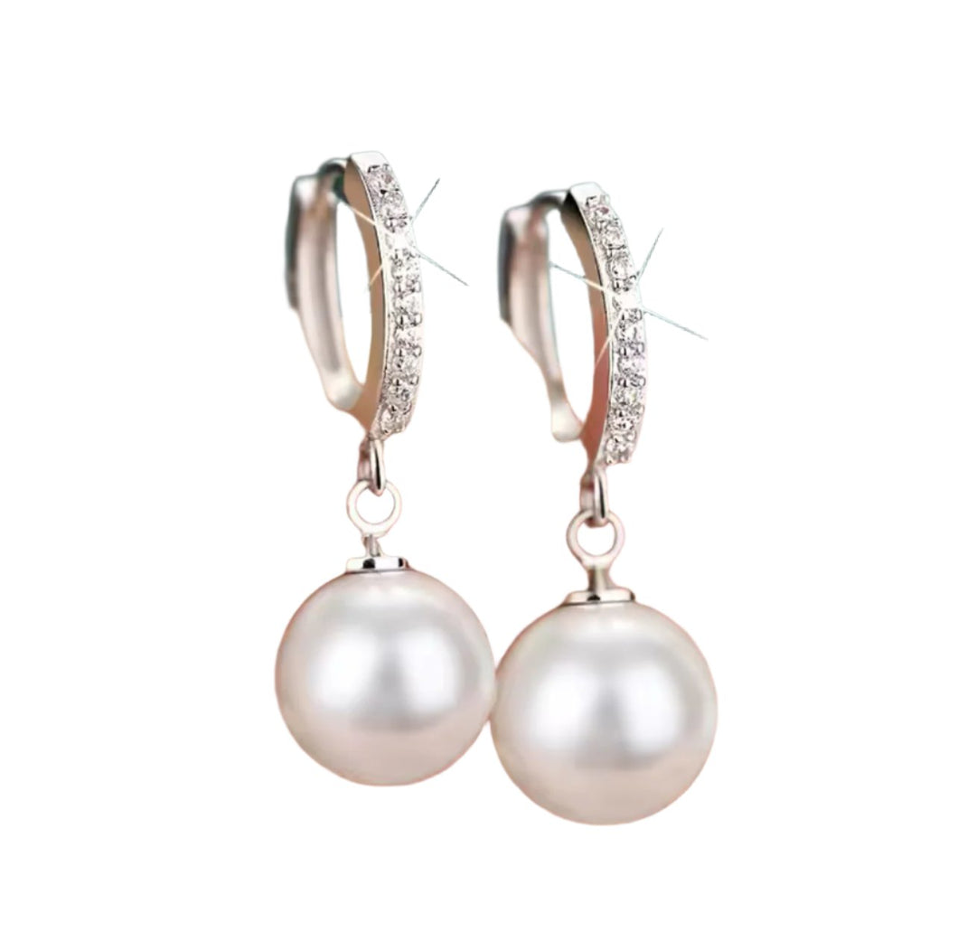 Sterling Silver Pearl & Diamante Hoop Earrings