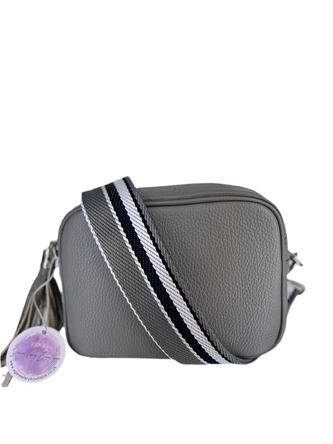 Real Leather Leather Handbag with Navy/Grey/White Striped strap