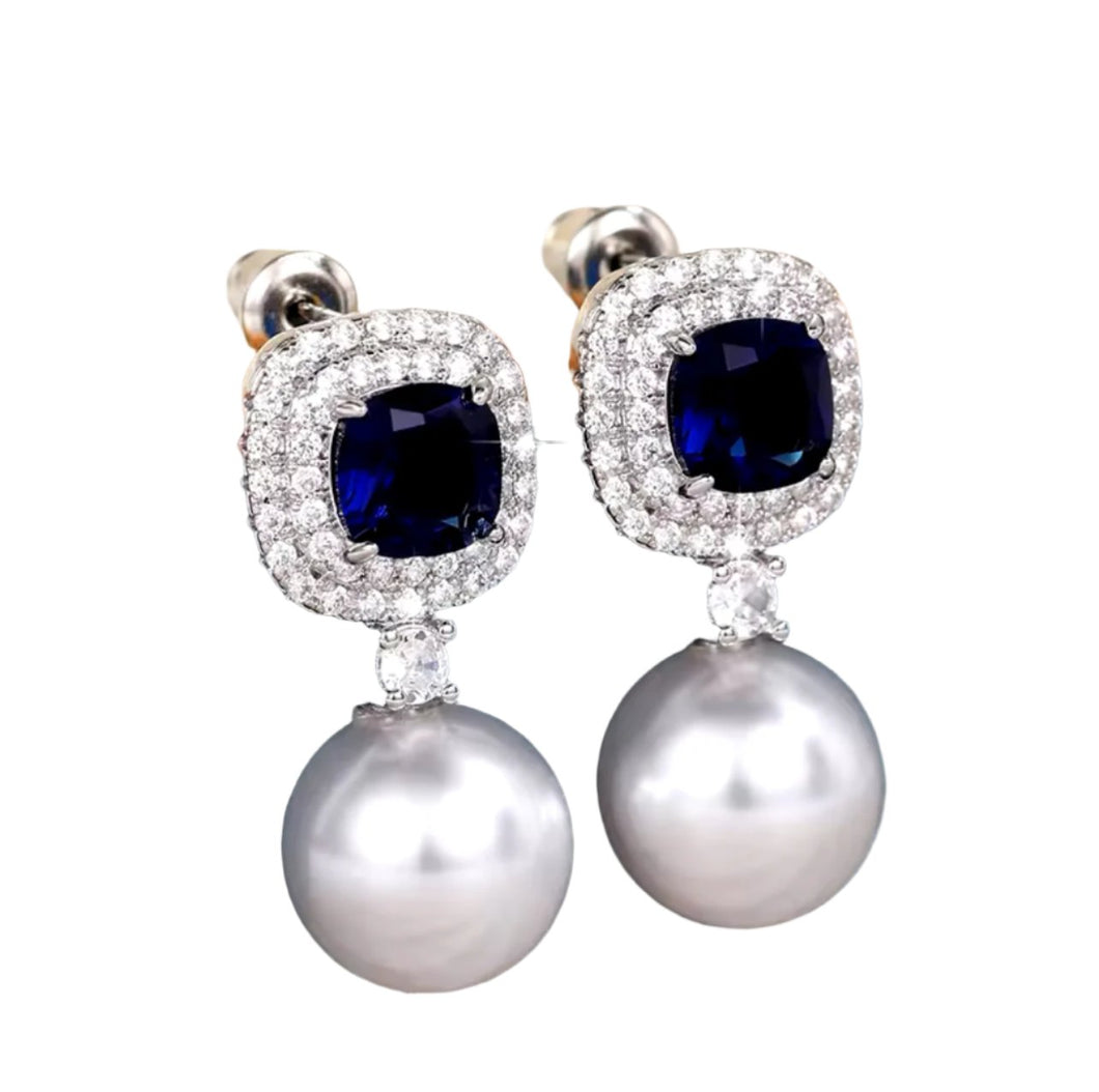 Silver Blue Stone & Pearl Drop Earrings