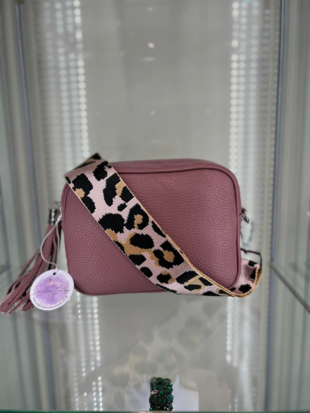 Real Leather Pink Crossbody Bag with Animal Print Strap