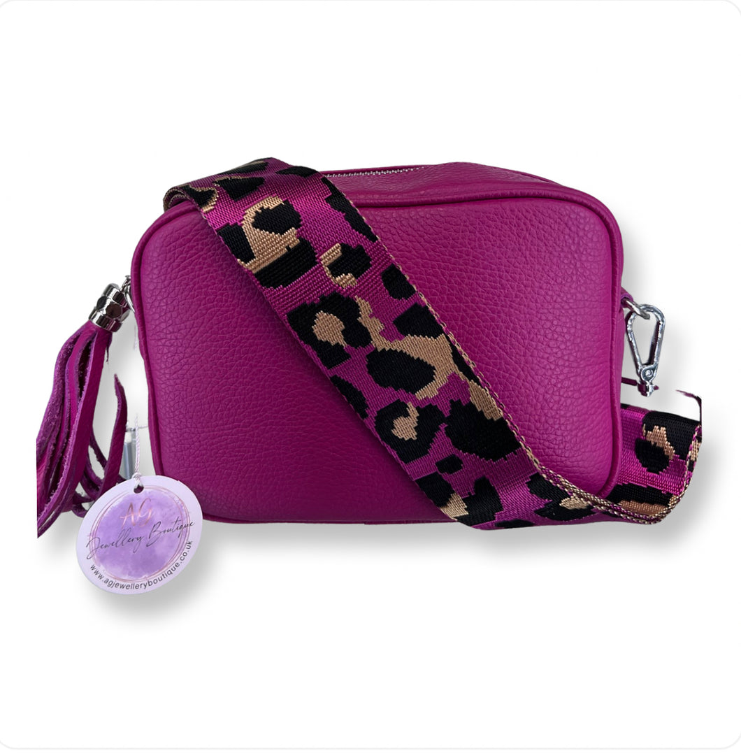 REAL Leather Pink Crossbody bag with Leopard print Strap