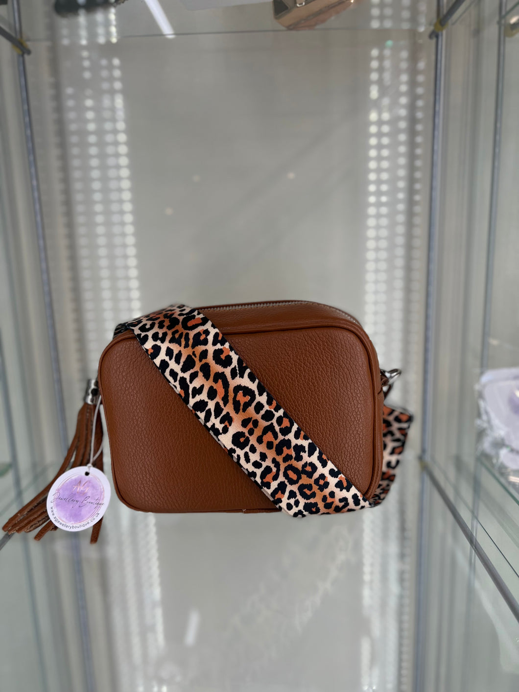 Real Leather Tan Crossbody bag with animal print tan Strap