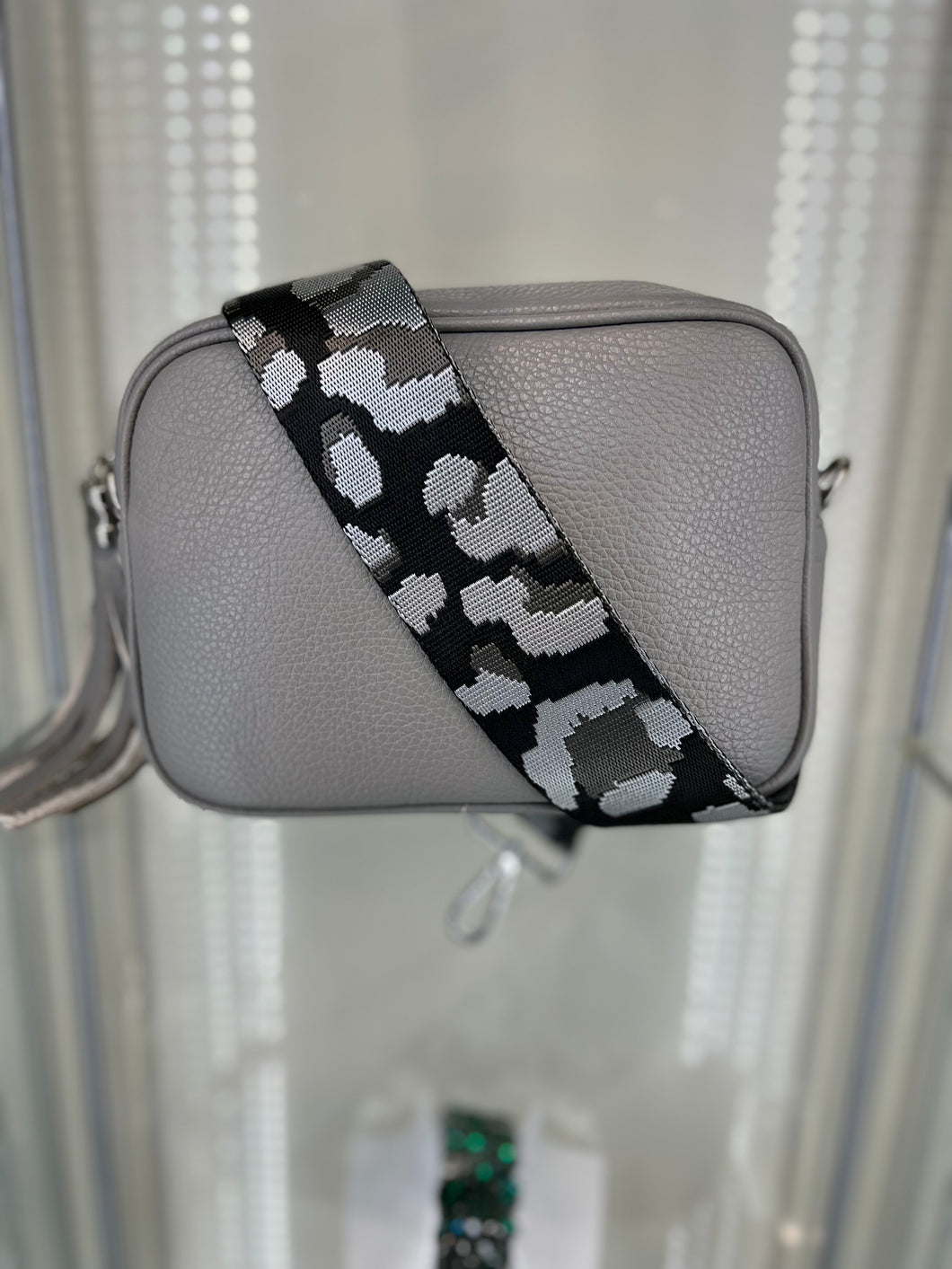 Real Leather Light Grey Crossbody Bag with Black/Grey Animal Print Strap