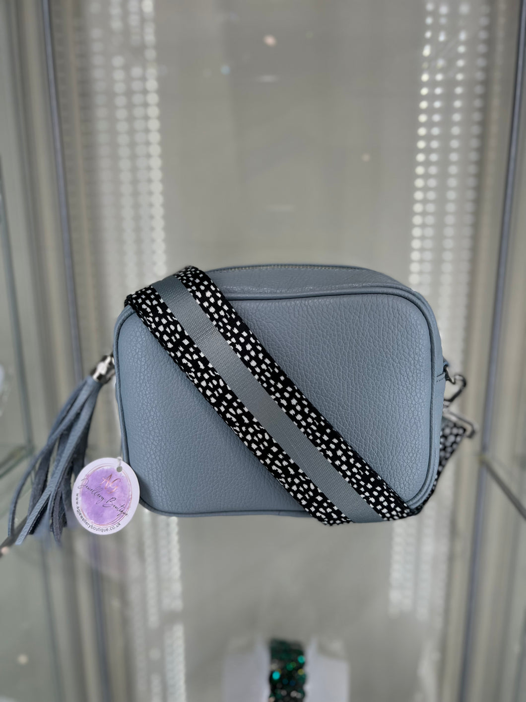 Real Leather Pale Blue Leather Crossbody Bag with Striped Strap