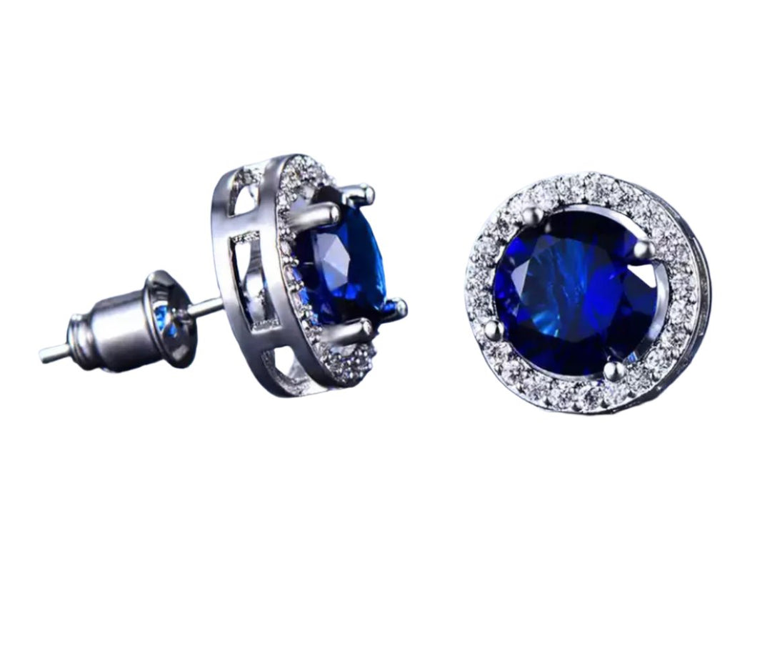 Blue Diamanté Stone set Round Earrings