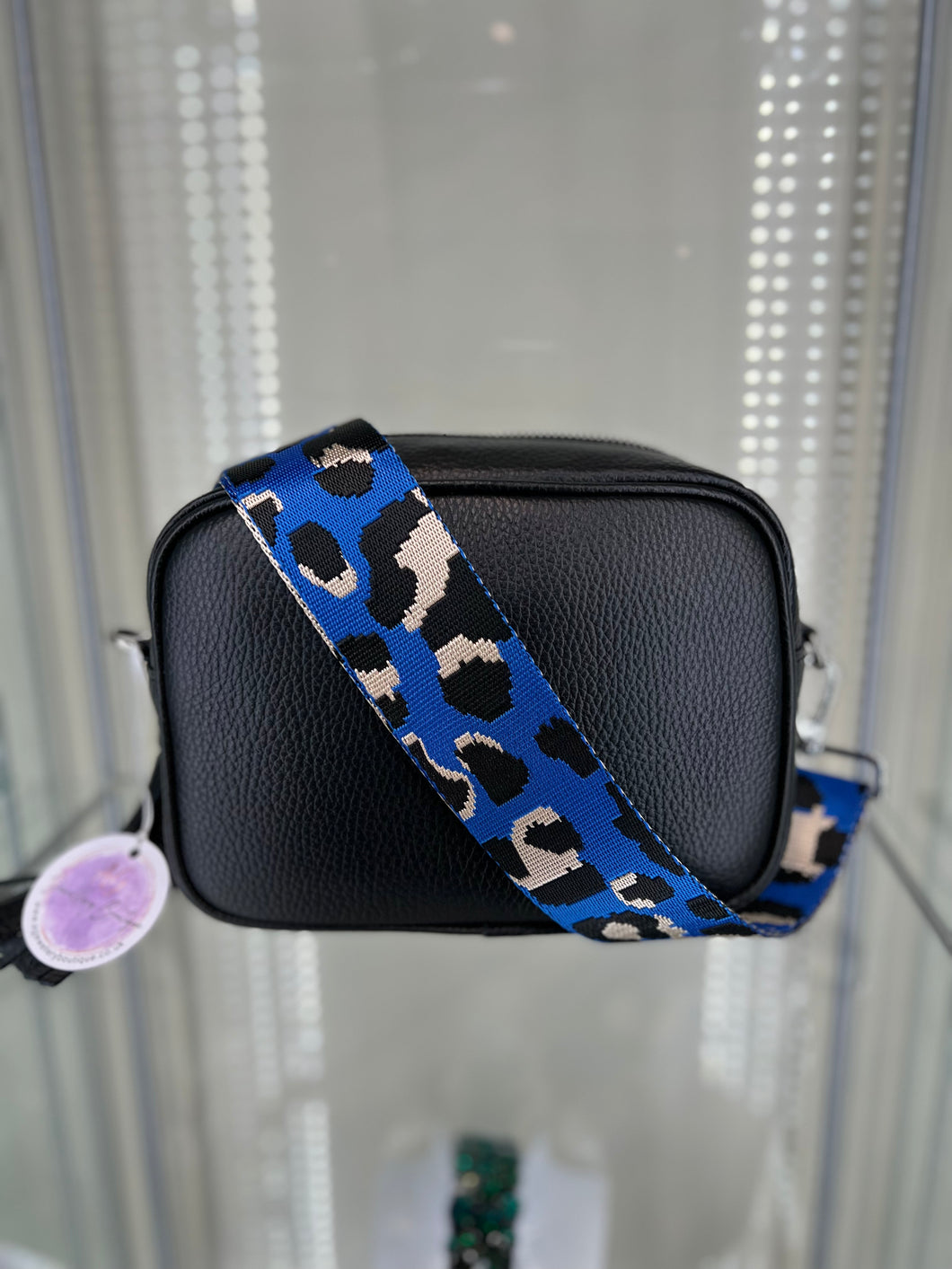 Real Leather Black Crossbody Bag with Blue Animal Print Strap