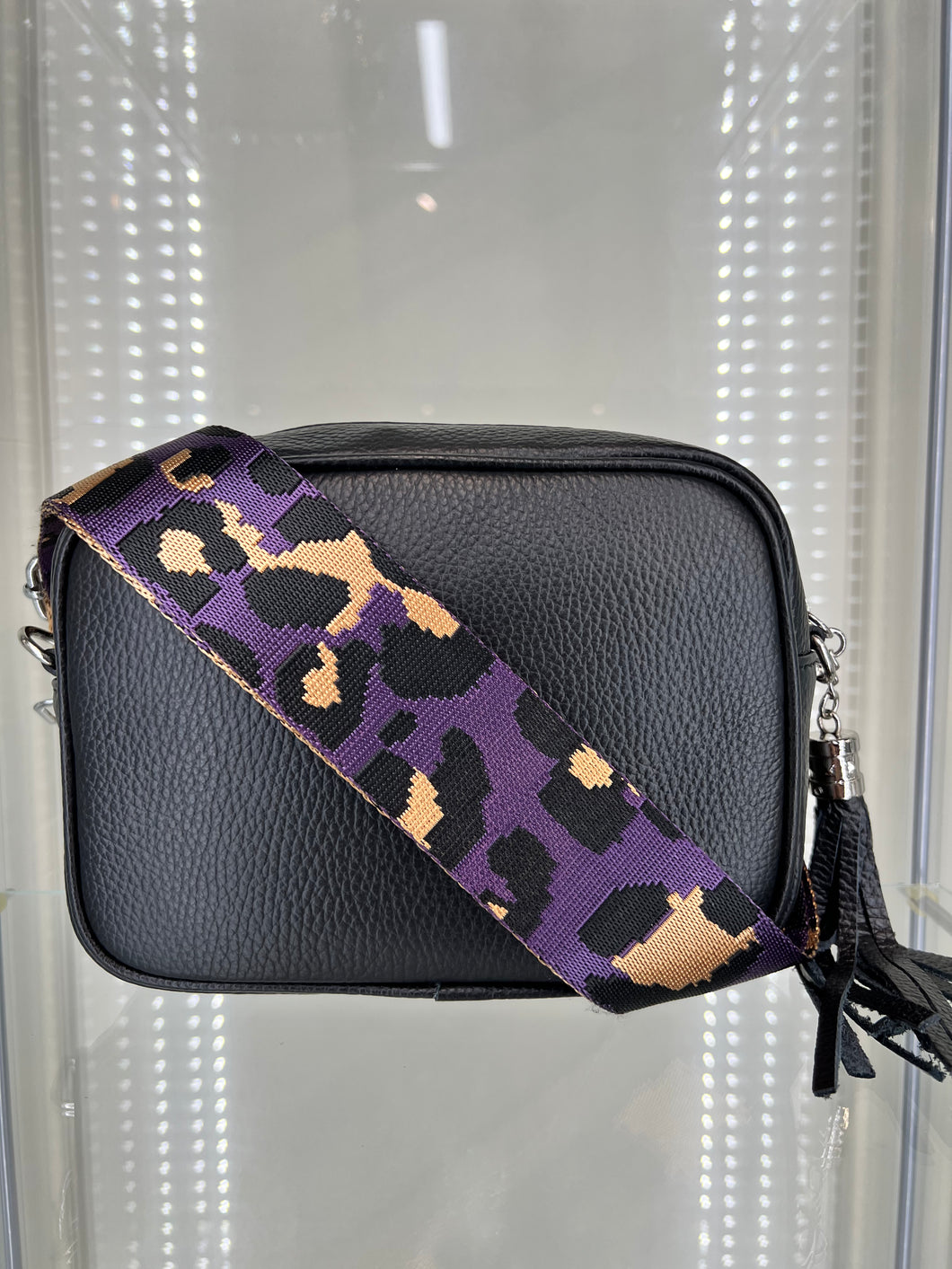 Real Leather Black Crossbody Bag with Purple strap