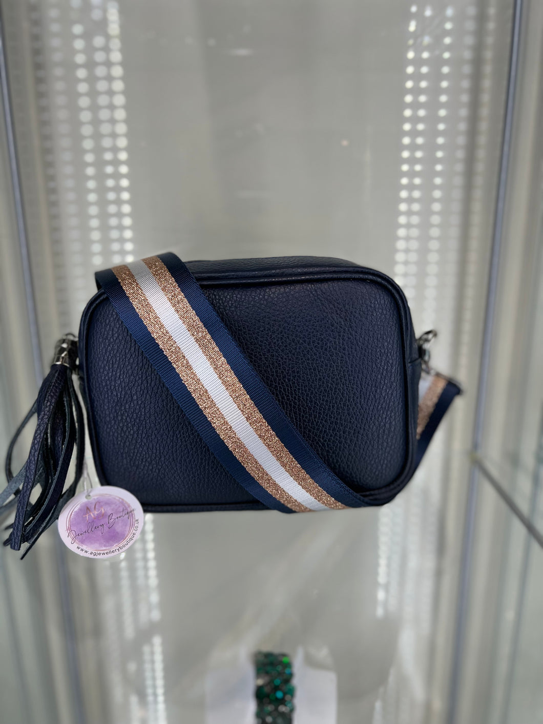 Real Leather Navy Crossbody bag with striped strap