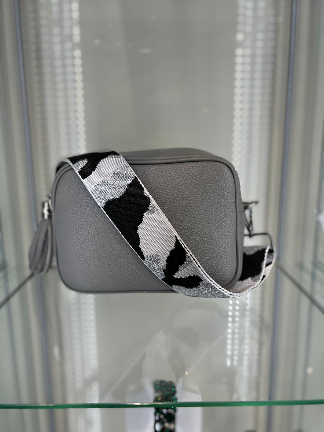 Real Leather Light Grey Crossbody Bag with Camo Print Strap