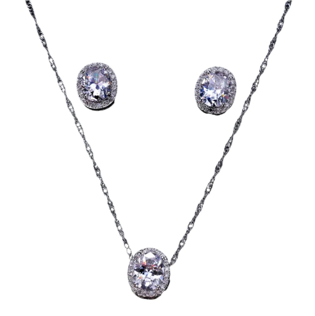 Round Silver Stone Set Earrings & Necklace Set