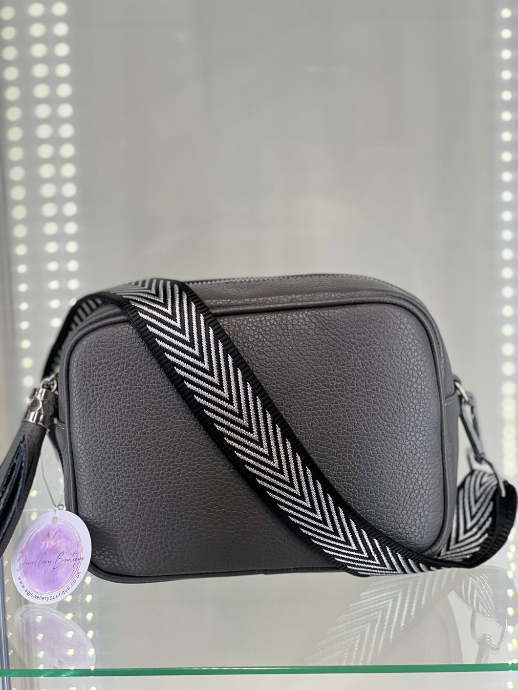 Real Leather Dark Grey Crossbody bag with Chevron strap