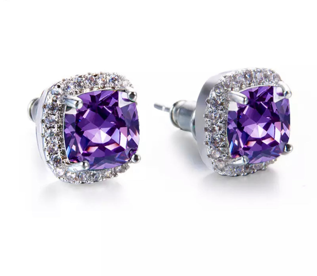 Purple & Diamanté Square Stone Set Earrings