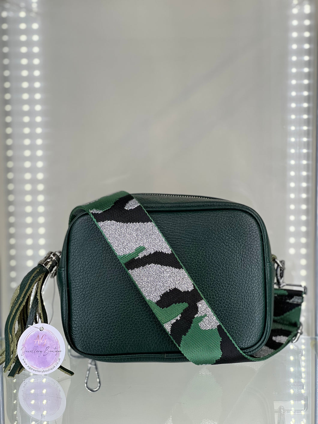 Real Leather Forest Green Crossbody Bag with Camo Strap