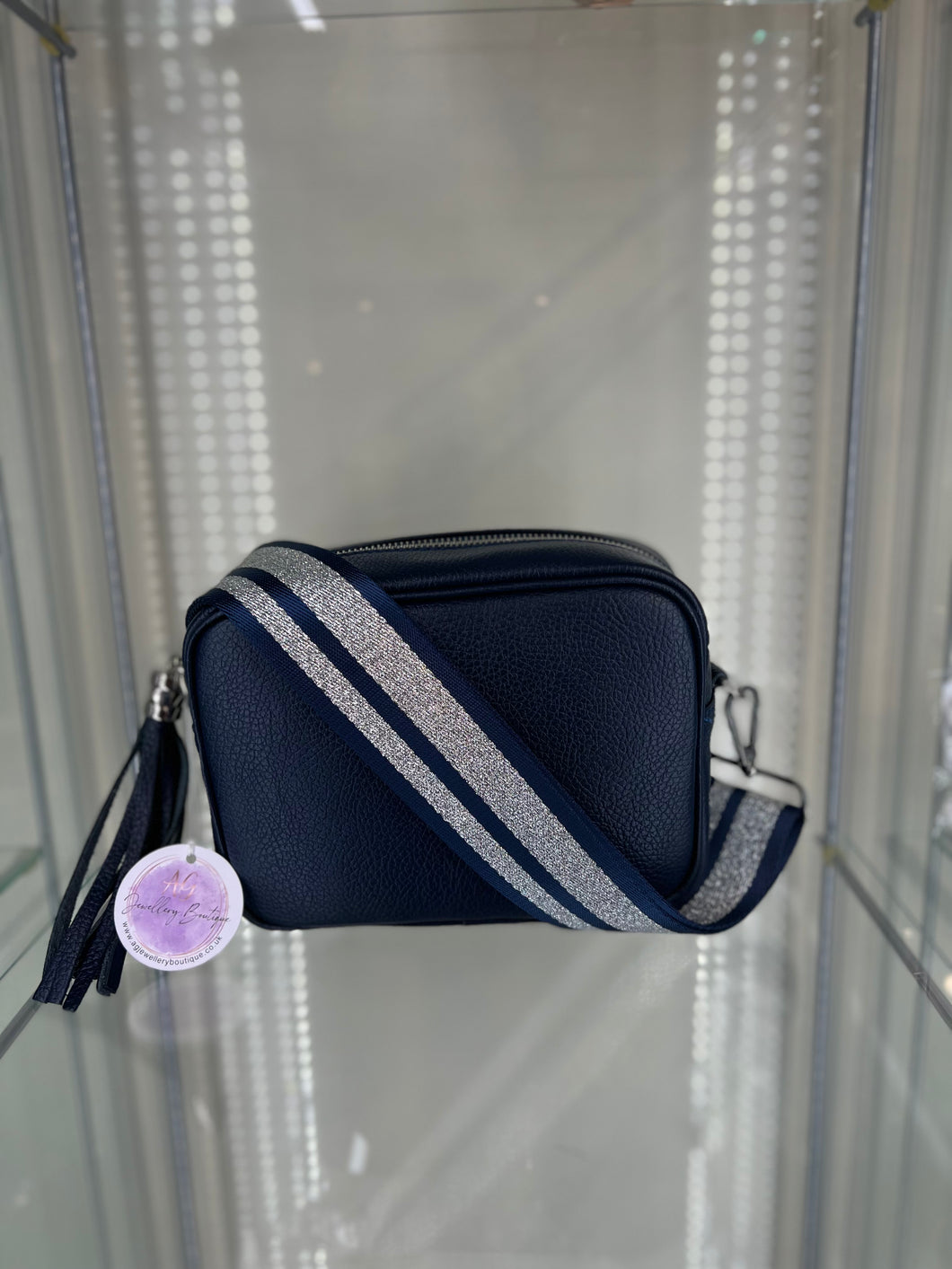 Real Leather Navy Crossbody bag with Navy/Silver Striped Strap